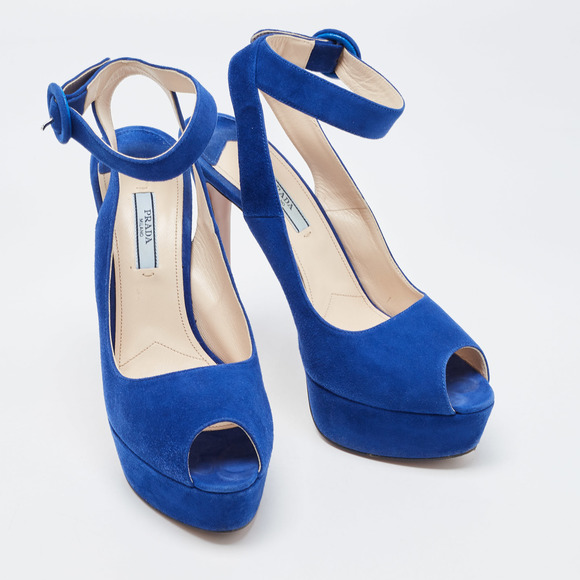 Prada Blue Suede Peep Toe Platform Ankle Strap Sandals Size 39 - Picture 3 of 8